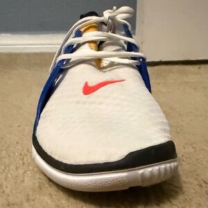 Mens (unisex) White and Blue Nike Sneakers with Red Swoosh